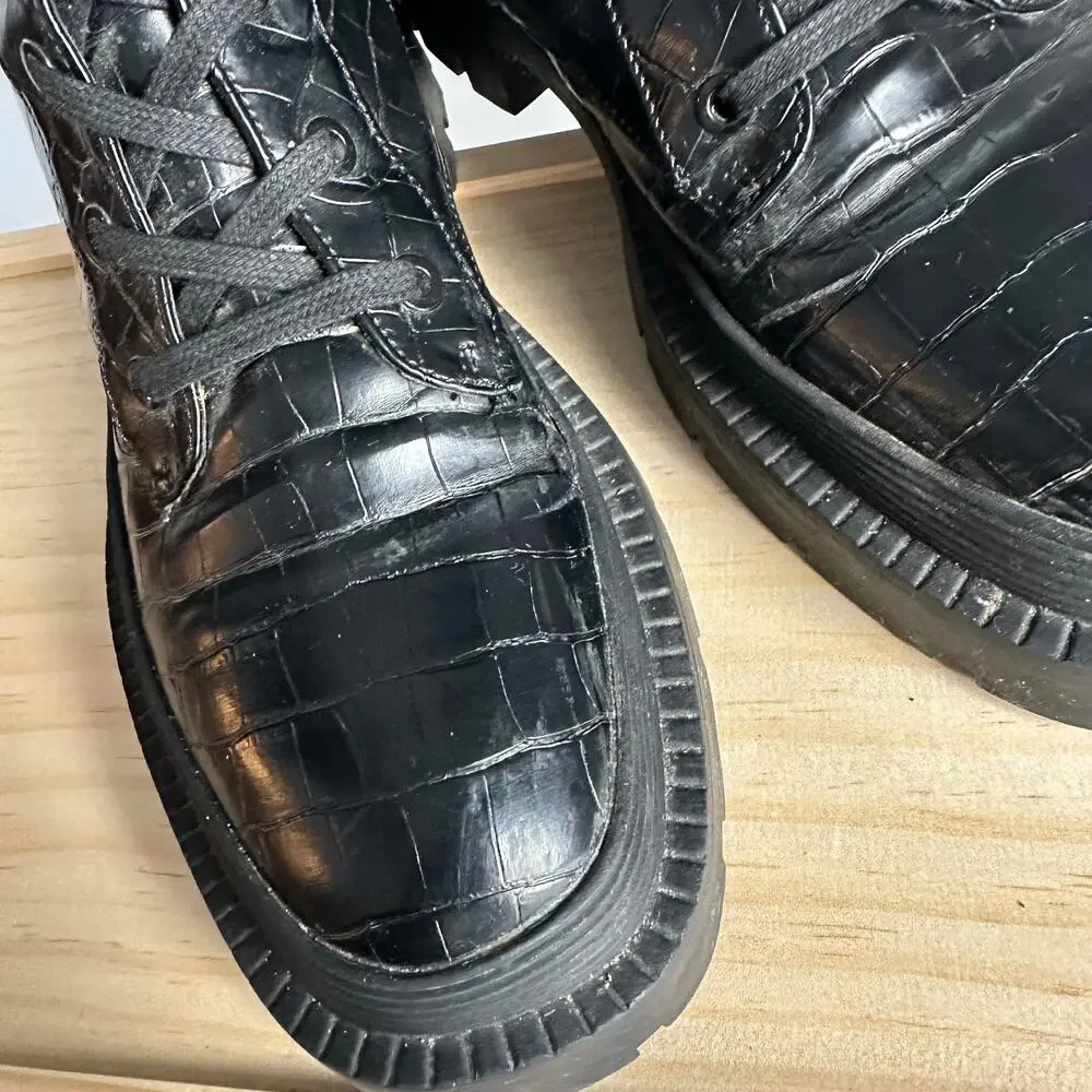 Zara Black Croc Embossed Combat Boots Platform Lug Sole Lace Up EU 39 US 8 - Picture 3 of 12
